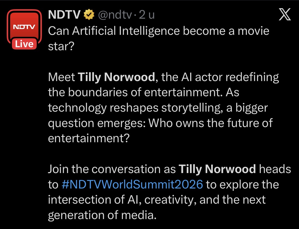 Screenshot of an NDTV post asking whether AI can become a movie star