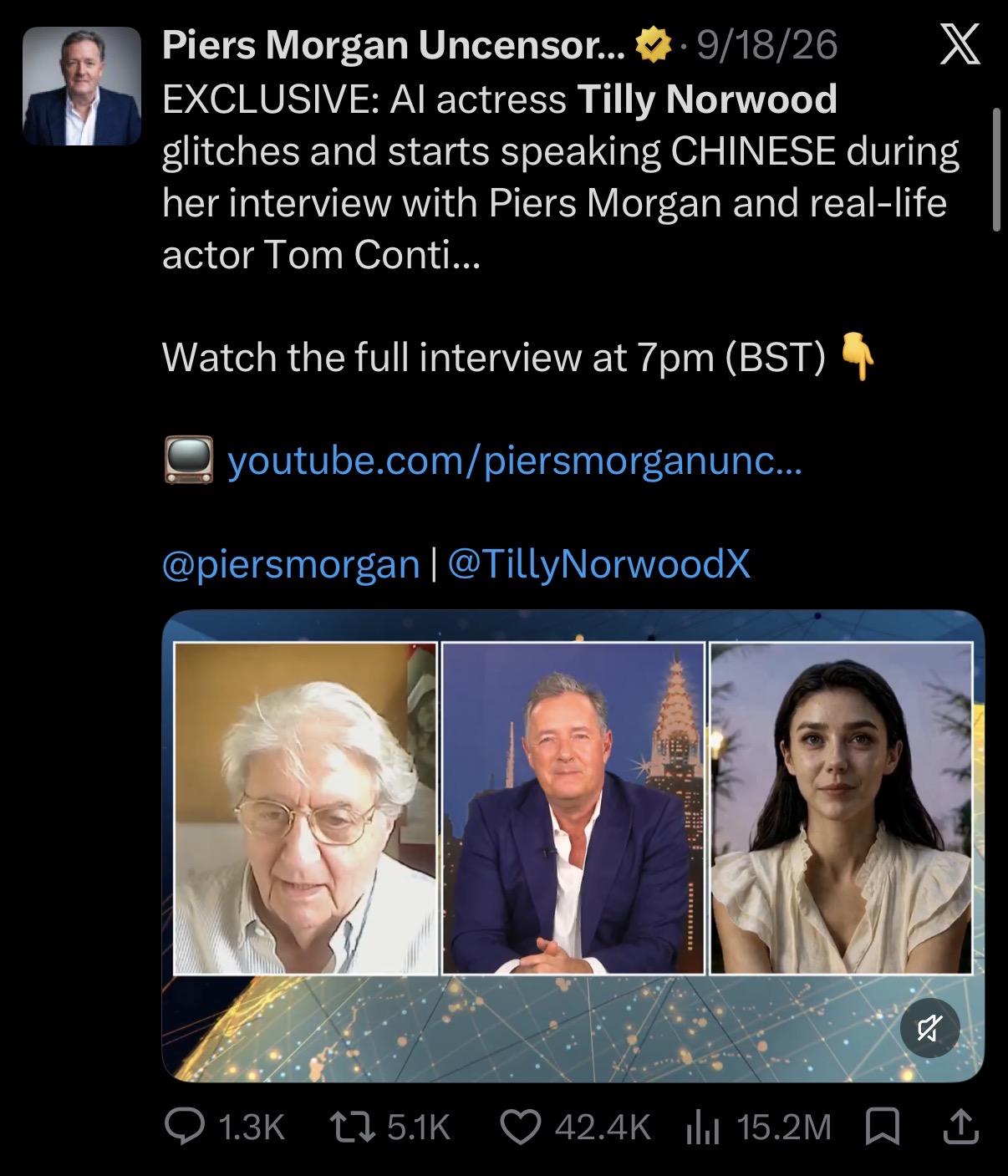 Screenshot of a Piers Morgan Uncensored post about Tilly Norwood